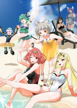 6+girls absurdres beach blonde_hair brighid_(water_lily)_(xenoblade) brighid_(xenoblade) female_focus highres morag_ladair_(obligatory_leave)_(xenoblade) morag_ladair_(xenoblade) multiple_girls mythra_(radiant_beach)_(xenoblade) mythra_(xenoblade) nayuta-kanata nia_(fancy_sundress)_(xenoblade) nia_(xenoblade) official_alternate_costume pandoria_(beach_date)_(xenoblade) pandoria_(xenoblade) poppi_(xenoblade) poppi_alpha_(swim_lesson)_(xenoblade) poppi_alpha_(xenoblade) pyra_(pro_swimmer)_(xenoblade) pyra_(xenoblade) red_eyes red_hair sand swimsuit xenoblade_chronicles_(series) xenoblade_chronicles_2 yellow_eyes