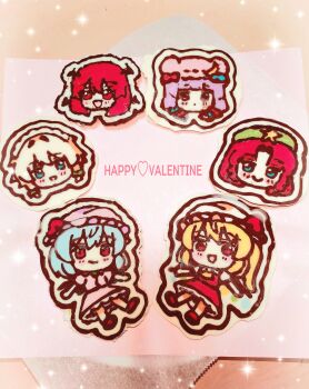 Rule 34 | 6+girls, :d, absurdres, bat wings, beret, blonde hair, blue eyes, blue hair, blush, bow, braid, chibi, chibi only, chocolate, closed mouth, commentary request, double-parted bangs, dress, flandre scarlet, food art (medium), full body, green bow, green hat, hair between eyes, hair bow, happy valentine, hat, head wings, highres, hong meiling, izayoi sakuya, koakuma, long hair, looking at viewer, mob cap, multiple girls, nene man, open mouth, parted bangs, patchouli knowledge, pink dress, pink hat, purple hair, red dress, red eyes, red hair, red shoes, remilia scarlet, shoes, short hair, single braid, smile, touhou, twin braids, unconventional media, valentine, wings