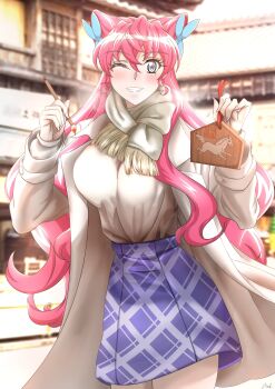 1girl absurdres blurry blurry_background breasts butterfly_hair_ornament calligraphy_brush chinese_zodiac coat commentary_request double-parted_bangs ema grin hair_between_eyes hair_ornament hair_wings highres holding holding_calligraphy_brush holding_ema holding_paintbrush large_breasts long_hair looking_at_viewer maria_cadenzavna_eve maria_desirer new_year one_eye_closed open_clothes open_coat outdoors paintbrush parted_lips pink_hair purple_eyes scarf senki_zesshou_symphogear sidelocks skirt smile solo two_side_up white_coat white_scarf year_of_the_horse