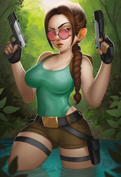 1girl 2020 braid breasts brown_eyes brown_hair curvy dated fingerless_gloves glasses gloves green_one-piece_swimsuit gun handgun highleg highleg_one-piece_swimsuit holding holding_weapon jungle lara_croft large_breasts lips long_braid long_hair looking_at_viewer low-tied_long_hair monosloth nature one-piece_swimsuit shiny_clothes shiny_skin short_shorts shorts single_braid solo standing sunglasses swimsuit swimsuit_under_clothes thick_thighs thighs tomb_raider water weapon