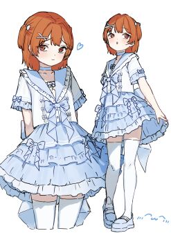 1boy 50-nin_craft absurdres arms_at_sides arms_behind_back back_bow blue_bow blue_choker blue_ribbon blue_sailor_collar blue_shoes blue_skirt blush bow choker closed_mouth collarbone crossdressing crossdressing_(mtf) double-parted_bangs frilled_sailor_collar frilled_shirt frilled_skirt frilled_sleeves frills hair_bow hair_ornament hairclip heart highres looking_at_viewer male_focus multiple_views omochi_art753 open_mouth orange_eyes orange_hair raised_eyebrows raised_inner_eyebrows ribbon ribbon-trimmed_shirt ribbon-trimmed_skirt ribbon_trim sailor_collar sailor_shirt shirt shoes short_hair short_sleeves sidelocks simple_background skirt smile solo standing straight_hair striped_clothes striped_skirt striped_sleeves thighhighs thighs trap two_side_up wadrud_(youtuber) white_bow white_shirt white_thighhighs zettai_ryouiki