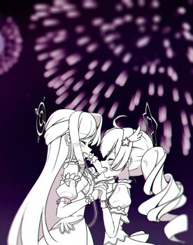 2girls :d ahoge blue_archive blush closed_eyes detached_sleeves dress drill earphones fireworks from_side greyscale hair_between_eyes hair_ornament halo hand_on_own_ear head_wings highres holding_hands long_hair looking_at_another magical_girl monochrome multiple_girls official_alternate_costume open_mouth partially_colored puffy_short_sleeves puffy_sleeves quilt_heron reisa_(blue_archive) reisa_(magical)_(blue_archive) shared_earphones short_sleeves sidelocks sleeveless smile suzumi_(blue_archive) suzumi_(magical)_(blue_archive) twintails wings