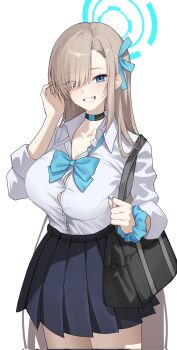 1girl asuna_(blue_archive) asuna_(school_uniform)_(blue_archive) asymmetrical_bangs bag black_choker black_skirt blue_archive blue_bow blue_bowtie blue_eyes blue_halo blue_nails blue_ribbon blue_scrunchie blush bow bowtie breasts brown_hair button_gap choker cleavage collared_shirt commentary cowboy_shot eyes_visible_through_hair grin hair_over_one_eye hair_ribbon halo hand_in_own_hair highres large_breasts long_hair looking_at_viewer loose_bowtie miniskirt nail_polish official_alternate_costume parted_lips pleated_skirt ribbon school_bag scrunchie shirt shirt_tucked_in simple_background skirt smile solo standing straight_hair very_long_hair white_background white_shirt wing_collar wrist_scrunchie yeohye_s2