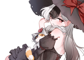 1girl absurdres bare_shoulders black_dress black_hair black_hat black_sleeves blue_archive bow bright_pupils calico_(pattern) calico_cat cat commentary detached_sleeves dress english_commentary hair_bow hat highres hit_by_hit juliet_sleeves kayoko_(blue_archive) long_hair long_sleeves looking_at_viewer multicolored_hair parted_lips puffy_sleeves red_bow red_eyes simple_background sleeveless sleeveless_dress solo two-tone_hair upper_body white_background white_hair white_pupils