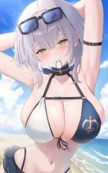 1girl arms_behind_head beach bikini blush breasts curvy eyewear_on_head green_eyes grey_hair highres hololive huge_breasts looking_at_viewer mole mole_on_breast navel official_alternate_costume omio outdoors shirogane_noel shirogane_noel_(summer_2020) solo stomach sunglasses swimsuit triangle_bikini_top virtual_youtuber