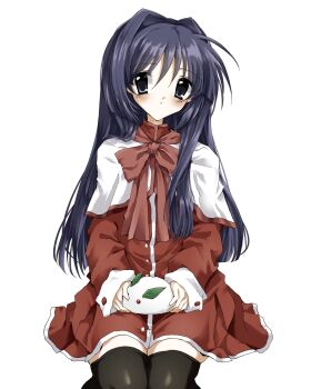 1girl black_thighhighs blue_eyes blue_hair blush bow capelet closed_mouth dress hair_between_eyes hair_intakes highres invisible_chair kanon long_hair long_sleeves looking_at_viewer minase_nayuki red_bow red_dress school_uniform simple_background sitting sleeves_past_wrists snow_rabbit solo takanashi_(takanya_shi) thighhighs white_background white_capelet white_wrist_cuffs wrist_cuffs zettai_ryouiki