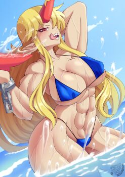 Rule 34 | 1girl, abs, alcohol, arm behind head, artist logo, biceps, bikini, blonde hair, blue sky, breasts, chain, cowboy shot, cup, highres, horns, hoshiguma yuugi, keith dio, large breasts, licking lips, logo, long hair, muscular, muscular female, navel, ocean, oni, sakazuki, sake, sharp teeth, single horn, sky, solo, splashing, swimsuit, teeth, tongue, tongue out, touhou, twitter username, wading, water, wet, wrist cuffs
