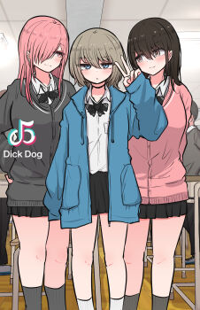 3girls absurdres arm_up arms_behind_back black_bow black_bowtie black_cardigan black_choker black_hair black_skirt black_socks blue_eyes blue_jacket bow bowtie brand_name_imitation brown_eyes brown_hair cardigan choker classroom closed_mouth commentary_request drawstring hair_over_one_eye highres indoors jacket jitome kneehighs long_sleeves looking_at_another looking_at_viewer medium_hair miniskirt multiple_girls open_clothes open_jacket original pink_cardigan pink_eyes pink_hair recording school_uniform shirt short_hair skirt sleeves_past_wrists smile socks standing tiktok tiktok_logo tomoyama_yuki_(tori_(eherotori)) torimogura v white_shirt white_socks