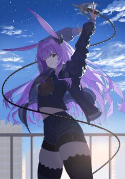 1girl absurdres animal_ears arknights arms_up black_bow black_jacket black_shirt black_shorts black_thighhighs blue_sky bow closed_mouth cloud cloudy_sky cowboy_shot grappling_hook grey_eyes hair_bow highres holding jacket lens_flare long_hair long_sleeves looking_at_viewer navel one_eye_closed open_clothes open_jacket purple_hair rabbit_ears rope_(arknights) rroc_(rrck11) shirt shorts sky smile solo thighhighs