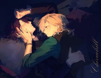 Rule 34 | 2boys, arm above head, artist name, aventurine (honkai: star rail), black hair, black jacket, black vest, blonde hair, bracelet, chivachill, dr. ratio (honkai: star rail), green shirt, hair behind ear, hand on another's face, hashtag-only commentary, highres, honkai: star rail, honkai (series), jacket, jewelry, layered sleeves, long sleeves, looking at another, lying, male focus, multiple boys, on back, parted hair, shirt, vest, yaoi