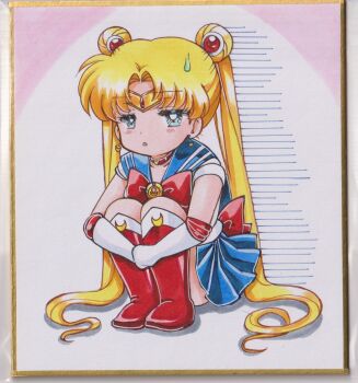 1girl back_bow bishoujo_senshi_sailor_moon blonde_hair blue_eyes blue_sailor_collar blue_skirt blush boots bow bowtie chikoto_(kztc4472) choker commentary earrings elbow_gloves full_body gloves highres hugging_own_legs jewelry knee_boots knees_up long_hair looking_at_viewer magical_girl miniskirt open_mouth parted_bangs pleated_skirt red_boots red_bow red_bowtie red_choker sailor_collar sailor_moon sailor_senshi_uniform shirt short_sleeves sitting skirt solo sweatdrop traditional_media tsukino_usagi twintails white_gloves white_shirt