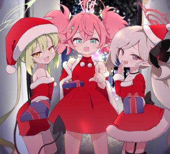 3girls blue_archive dress gift grey_hair halo hat highres kurosaki_kousuke long_hair looking_at_viewer momoka_(blue_archive) multiple_girls mutsuki_(blue_archive) nozomi_(blue_archive) pink_hair pointy_ears santa_costume santa_hat tail twintails