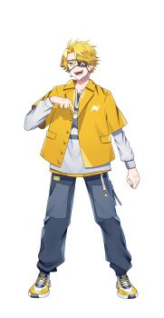 Rule 34 | 1boy, absurdres, alternate costume, black pants, blonde hair, colorful peach, eyepatch, full body, highres, layered sleeves, long sleeves, looking at viewer, male focus, official art, open clothes, open mouth, open shirt, pants, print eyepatch, shirt, shoes, short hair, short over long sleeves, short sleeves, simple background, smile, sneakers, solo, standing, tattsun (colorful peach), transparent background, white shirt, yellow eyes, yellow shirt