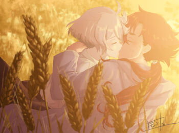 2girls artist_name blue_jacket closed_eyes commentary_request dusk grey_hair gundam gundam_suisei_no_majo highres jacket kiss long_hair miorine_rembran monto_(user_dmde2437) multiple_girls outdoors ponytail red_hair scar scar_on_face shirt short_hair suletta_mercury thick_eyebrows wheat white_shirt yuri