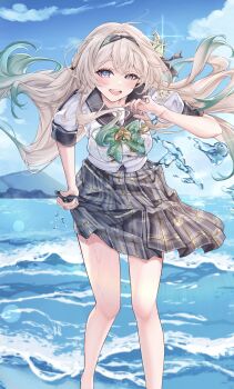 1girl absurdres barefoot black_hairband black_ribbon blue_pupils blue_sky blush bow bowtie cloud cloudy_sky commentary_request firefly_(honkai:_star_rail) firefly_(spring_missive)_(honkai:_star_rail) gradient_hair green_bow green_bowtie grey_hair grey_skirt hair_between_eyes hair_intakes hair_ornament hair_ribbon hairband highres honkai:_star_rail honkai_(series) long_hair minausa mountain multicolored_eyes multicolored_hair open_mouth plaid_bow plaid_bowtie plaid_clothes pleated_skirt ribbon skirt sky smile solo teeth upper_teeth_only water wet