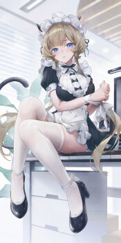1girl absurdres alternate_costume animal_ear_fluff animal_ears ankle_ribbon apron bad_source black_bow black_dress black_ribbon black_shoes blue_eyes blush bound bound_wrists bow brown_hair cat_ears cat_girl cat_tail chinese_commentary commentary_request dress enmaided frilled_apron frills full_body genshin_impact highres indoors kemonomimi_mode leg_ribbon long_hair looking_at_viewer maid maid_apron maid_headdress neck_ribbon parted_lips puffy_short_sleeves puffy_sleeves ribbon sandrone_(genshin_impact) shoes short_sleeves sitting solo swkl:d tail thighhighs very_long_hair white_apron white_headdress white_ribbon white_thighhighs