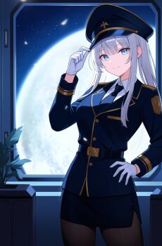 1girl belt black_skirt blue_eyes blue_hat blue_jacket brown_pantyhose buttons closed_mouth collared_shirt commission cowboy_shot full_moon gloves gold_trim hand_on_headwear hand_on_own_hip hand_up hat highres jacket long_hair long_sleeves looking_at_viewer military_hat miniskirt moon necktie original pantyhose peaked_cap pencil_skirt shirt sidelocks skirt smile solo undershirt white_gloves white_hair ysoa26