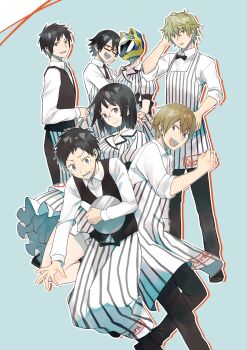 2girls 5boys apron black-framed_eyewear black_eyes black_hair black_pants black_vest blonde_hair blue_background blue_eyes bob_cut bow bowtie brown_eyes brown_hair celty_sturluson closed_eyes collared_shirt commentary_request copyright_name dress dress_shirt durarara!! employee_uniform from_side glasses heiwajima_shizuo helmet hetero highres holding holding_tray implied_hetero japanese_clothes kida_masaomi kimono kishitani_shinra long_sleeves looking_at_viewer male_focus motorcycle_helmet multiple_boys multiple_girls necktie open_mouth orihara_izaya outline pa_yashi pants ryuugamine_mikado shirt short_hair short_sleeves simple_background smile sonohara_anri striped_clothes striped_dress striped_kimono sweatdrop tray upper_body vertical-striped_clothes vertical-striped_dress vest waistcoat waiter waitress white_shirt