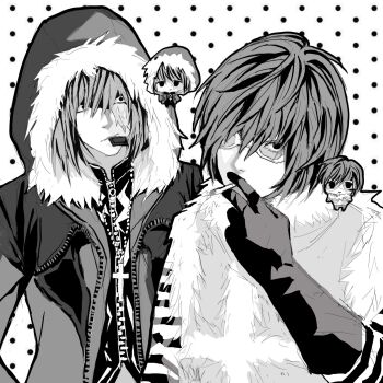 2boys between_fingers cigarette commentary cross cross_necklace death_note dotted_background fur-trimmed_hood fur_trim goggles gwakchili highres holding hood hood_up jewelry looking_at_another male_focus matt_(death_note) mello_(death_note) multiple_boys necklace scar scar_on_face simple_background unzipped upper_body