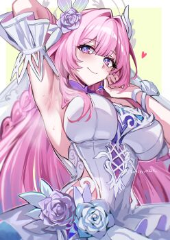 1girl absurdres arm_up armpits bare_shoulders blush breasts cleavage cyrene_(honkai:_star_rail) cyrene_(ripples_of_past_reverie)_(honkai:_star_rail) dress flower hair_flower hair_ornament highres hitomin_(ksws7544) honkai:_star_rail honkai_(series) large_breasts long_hair looking_at_viewer pink_hair purple_eyes smile solo veil white_dress