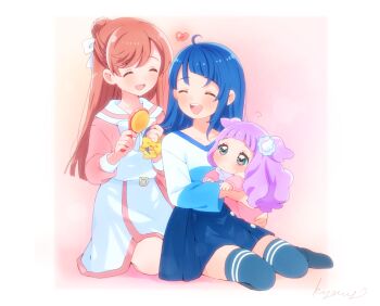 Rule 34 | 3girls, ?, alternate costume, artist name, blue eyes, blue hair, blue shirt, blue skirt, blue thighhighs, bow, bowtie, brushing another's hair, brushing hair, carrying, casual, child carry, closed eyes, collared dress, commentary, cut bangs, dress, ellee-chan, hair bow, hair bun, hair down, hair ribbon, happy, heart, hirogaru sky! precure, holding, holding bow (ornament), holding brush, kyanos (b 0000ff), light frown, long hair, long sleeves, medium hair, miniskirt, multiple girls, nijigaoka mashiro, open mouth, pink dress, pink hair, pleated skirt, precure, purple hair, redrawn, ribbon, scrunchie, shirt, short dress, signature, single hair bun, single sidelock, skirt, smile, sora harewataru, t-shirt, thighhighs, two-tone dress, two-tone shirt, two side up, white bow, white bowtie, white dress, white ribbon, white shirt, wrist scrunchie, yellow bow, yellow scrunchie