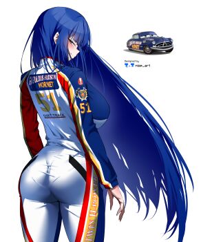 1boy 1girl absurdres animification artist_name ass blue_car blue_eyes blue_hair blush bodysuit breasts car cars_(movie) commentary doc_hudson english_commentary highres huge_breasts impossible_bodysuit impossible_clothes long_hair motor_vehicle multiple_girls nisp_art pantylines personification racing_suit reference_inset simple_background skin_tight smile very_long_hair white_background