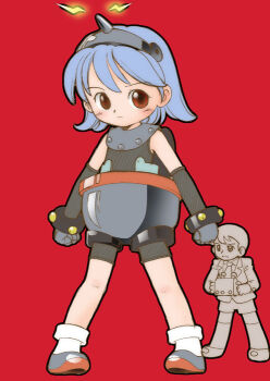 Rule 34 | 1boy, 1girl, armor, bad id, black gloves, black unitard, blue hair, bracelet, clenched hands, controller, elbow gloves, fake horns, full body, gloves, grey shoes, hairband, hatomugi (mamotan), holding, holding controller, horns, humanization, jewelry, kaneda shoutarou (tetsujin 28-gou), legs apart, lightning bolt symbol, mecha musume, metal hairband, pigeon-toed, red background, red eyes, shoes, short hair, simple background, single horn, socks, standing, studded bracelet, tetsujin 28, tetsujin 28-gou, unitard, white socks
