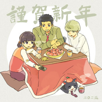 1girl 2boys adachi_tooru animalization black_hair brown_eyes brown_hair collared_shirt commentary_request controller cup doujima_nanako doujima_ryoutarou food fruit grey_hair grey_shirt greyland215856 highres holding holding_controller holding_remote_control kotatsu long_sleeves mandarin_orange mug multiple_boys narukami_yu necktie orange_peel persona persona_4 red_necktie remote_control shirt short_hair table translation_request white_shirt