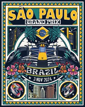 Rule 34 | 2024, blue flower, brazil, brazilian flag, car, chuangraphics, dated, flower, formula one, highres, motor vehicle, no humans, orange flower, pink flower, poster (medium), sao paulo, vehicle focus