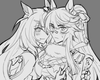 2girls animal_ears bandaid bandaid_on_face bandaid_on_nose blunt_bangs blush breasts chest_sarashi cleavage closed_mouth clothes_grab coat coat_grab commentary_request ear_ornament ear_scrunchie fang fang_out fingernails frilled_sleeves frills fur_scarf grey_background hair_between_eyes hair_ornament hairclip happy highres hishi_amazon_(azure_amazon)_(umamusume) hishi_amazon_(umamusume) horse_ears horse_girl hwipa_(param_blue) korean_commentary large_breasts light_frown light_smile long_hair long_sidelocks looking_at_another looking_at_viewer multiple_girls narita_brian_(maverick)_(umamusume) narita_brian_(umamusume) nervous o-ring open_clothes open_coat ponytail rope sarashi scrunchie shimenawa shoulder_pads sidelocks simple_background striped_clothes striped_scrunchie sweatdrop tsurime umamusume upper_body very_long_hair yuri