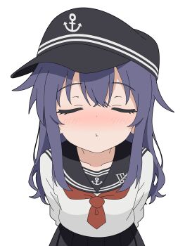 1girl absurdres akatsuki_(kancolle) anchor_symbol black_hat black_sailor_collar black_skirt closed_eyes commentary_request faceless faceless_male flat_cap hat highres incoming_kiss kantai_collection pleated_skirt purple_hair sailor_collar school_uniform serafuku shirt simple_background skirt solo sugapi white_background white_shirt