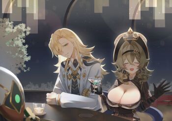 1boy 1girl absurdres black_hairband blonde_hair breasts brown_corset brown_gloves cleavage cocktail_glass commentary corset cup drinking_glass english_commentary gloves green_eyes hair_intakes hairband hat highres holding holding_cup honkai:_star_rail honkai_(series) honkai_impact_3rd ice ice_cube large_breasts long_hair martini medium_hair mini_hat mini_top_hat no_noru open_mouth robot shush_(honkai:_star_rail) sitting top_hat vill-v void_archives