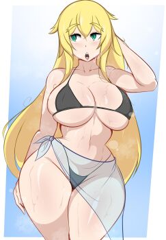 1girl absurdres alternate_costume arm_behind_back arm_behind_head bare_shoulders bikini black_bikini blonde_hair blush breasts cleavage collarbone commentary cowboy_shot english_commentary frederica_baumann green_eyes hair_between_eyes highleg highleg_bikini highres huge_breasts leo_el_random long_hair looking_to_the_side navel open_mouth re:zero_kara_hajimeru_isekai_seikatsu sarong see-through_clothes see-through_sarong sharp_teeth simple_background solo stomach swimsuit teeth thick_eyebrows thick_thighs thighs wet
