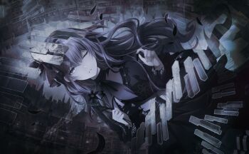 Rule 34 | 1girl, asahina mafuyu, black dress, black flower, colorful palette, dress, fascinator, flower, game cg, hair between eyes, highres, holding, holding flower, kono matsuri ni yuuyami iro mo (project sekai), long hair, muted color, official alternate costume, official alternate hairstyle, official art, one eye closed, parted lips, project sekai, purple eyes, purple hair, solo, third-party source