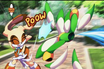 1girl closed_eyes cosmo_(sonic) cream_the_rabbit day dress emphasis_lines english_text euf-dreamer eyelashes furry furry_female gloves happy hitting long_sleeves motion_lines open_mouth outdoors rabbit_ears rabbit_girl rabbit_tail sleeveless sleeveless_dress sonic_(series) sound_effects speech_bubble standing talking unworn_dress wardrobe_malfunction what