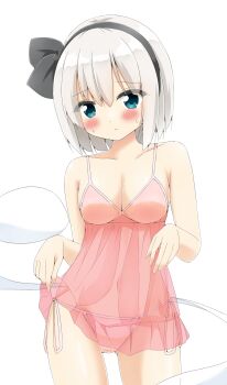 alternate_costume babydoll black_hairband blush bra breasts cleavage closed_mouth cowboy_shot green_eyes grey_hair hairband highres hitodama konpaku_youmu konpaku_youmu_(ghost) large_breasts lingerie medium_hair panties pink_babydoll pink_bra pink_panties shishiky side-tie_panties simple_background sweat touhou underwear white_background