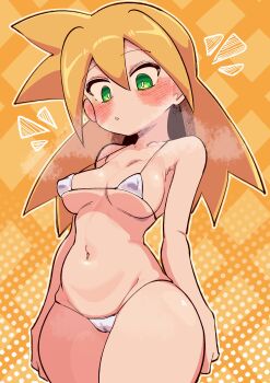 1girl absurdres bare_shoulders bikini blonde_hair blush breasts breath buzzlyears collarbone covered_erect_nipples cowboy_shot green_eyes highres long_hair medium_breasts mega_man_(series) mega_man_legends_(series) micro_bikini roll_caskett_(mega_man) simple_background solo swimsuit yellow_background