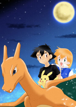 1boy 1girl :d alternate_hairstyle ash_ketchum black_hair black_shirt blue_eyes blue_jacket brown_eyes charizard closed_mouth cloud fangs full_moon gen_1_pokemon green_eyes hair_between_eyes hand_on_another&#039;s_shoulder happy highres jacket misty_(pokemon) moon night night_sky nintendo open_mouth orange_hair outdoors pikachu pokemon pokemon_(anime) pokemon_(classic_anime) pokemon_(creature) popped_collar riding riding_pokemon shirt short_hair short_sleeves sky sleeveless sleeveless_jacket smile star_(sky) t-shirt