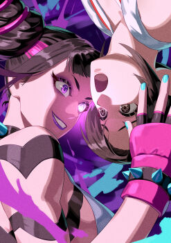 2girls black_hair blue_nails breasts brown_eyes brown_hair choker close-up evil_grin evil_smile fighting fingerless_gloves gameplay_mechanics gloves glowing glowing_eyes grin hair_horns han_juri hand_on_another&#039;s_head highres lipstick makeup multiple_girls nail_polish ninja open_mouth parted_bangs pink_hair purple_eyes purple_lips revision shiranui_mai sideboob smile street_fighter street_fighter_6 upside-down worried yagi2013