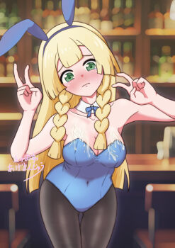 1girl agetateiageman alternate_costume animal_ears black_pantyhose blonde_hair blue_hairband blue_leotard blurry blurry_background blush braid breasts cleavage closed_mouth collarbone commentary_request covered_navel cum cum_on_body cum_on_breasts cum_on_upper_body detached_collar double_v fake_animal_ears green_eyes hairband hands_up indoors leaning_forward leotard lillie_(pokemon) long_hair nintendo pantyhose playboy_bunny pokemon pokemon_sun_and_moon rabbit_ears raised_inner_eyebrows solo twin_braids v