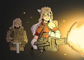 Rule 34 | 1boy, 1girl, ammunition pouch, animal ears, asphodelles art, backpack, bag, beard, belt, brown gloves, bulletproof vest, ciaphas cain, commentary, english commentary, facial hair, ferik jurgen, flamethrower, gloves, gold ship (red strife) (umamusume), gold ship (umamusume), grey hair, hat, highres, holding, holding flamethrower, holding weapon, long hair, military uniform, neck ribbon, pink hair, pouch, ribbon, smile, sunglasses, thumbs up, umamusume, ushanka, valhallan ice warriors, warhammer 40k, weapon, white gloves