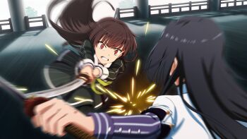 Rule 34 | 2girls, battle, black hair, blunt bangs, blurry, brown hair, clenched teeth, dress, floating hair, game cg, green dress, green neckerchief, heijou institute school uniform, holding, holding sword, holding weapon, jacket, juujou hiyori, katana, long hair, long sleeves, looking at another, motion blur, multiple girls, neckerchief, non-web source, origami yukari, purple shirt, red eyes, school uniform, shirt, sleeve cuffs, striped clothes, striped shirt, sword, teeth, toji no miko, toji no miko: kizamishi issen no tomoshibi, v-shaped eyebrows, very long hair, weapon, white jacket, winter uniform