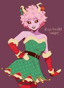 1girl ahoge alternate_costume artist_name ashido_mina black_sclera boku_no_hero_academia collarbone colored_sclera colored_skin female_focus horns looking_at_viewer messy_hair open_mouth pink_hair pink_skin short_hair smile solo teeth upper_teeth_only yellow_eyes yellow_horns