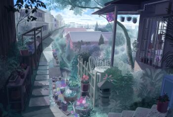 building commentary_request day garden hanging_plant highres house kyuui no_humans original outdoors path plant potted_plant road scenery stairs town tree