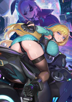 1girl alicia_arclight armpit_crease armpit_cutout ass black_panties black_thighhighs blonde_hair blue_dress blue_eyes breasts building clothing_cutout dress goetia_shock gun highres holding holding_gun holding_weapon huge_breasts impossible_clothes impossible_dress large_breasts long_hair long_sleeves motor_vehicle motorcycle official_art ookuma_nekosuke panties partially_visible_vulva short_dress striped_clothes teeth thighhighs thighs thong underwear very_long_hair weapon