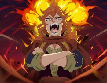 Rule 34 | 1girl, absurdres, black clover, blue eyes, breasts, cleavage, highres, large breasts, long hair, mereoleona vermillion, official art, open mouth, red hair, teeth, tongue