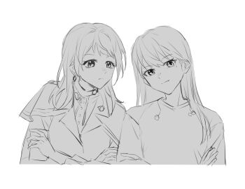 2girls bang_dream! bang_dream!_it&#039;s_mygo!!!!! capelet crossed_arms greyscale highres long_hair looking_at_viewer medium_hair mole mole_under_eye monochrome multiple_girls shiina_taki simple_background timoris_(bang_dream!) trileo405 upper_body white_background yahata_umiri