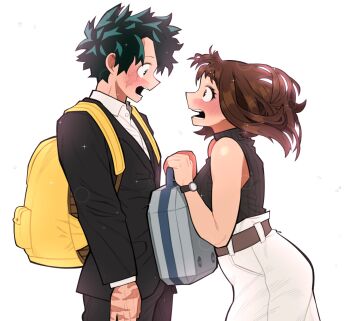 1boy 1girl bare_shoulders belt black_suit blush boku_no_hero_academia breasts brown_eyes brown_hair business_suit formal_clothes freckles green_eyes green_hair highres loopvoid midoriya_izuku official_alternate_costume official_alternate_hairstyle open_mouth scar scene_reference short_hair skirt sleeveless suit turtleneck uraraka_ochako white_suit