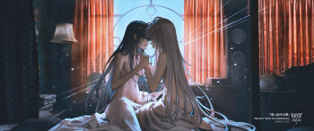 2girls 3d_background absurdres after_kiss barefoot black_hair black_nails breasts commentary_request curtains earrings eye_contact highres holding_neck igarashi_sophia jewelry long_hair looking_at_another medium_breasts meguro_roudoku multiple_girls nail_polish nude original phonograph saliva saliva_trail self-harm_scar white_hair yuri yurika-r