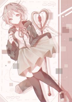 1girl black_thighhighs brown_hair brown_skirt collared_shirt cowboy_shot danganronpa_(series) danganronpa_2:_goodbye_despair flipped_hair hair_ornament hana_ame hand_up handheld_game_console heart highres holding_strap jacket long_sleeves looking_at_viewer medium_hair nanami_chiaki neck_ribbon open_clothes open_jacket pink_eyes pink_shoes pleated_skirt ribbon shirt shirt_tucked_in shoes skirt smile solo staff thighhighs two-tone_shirt white_shirt